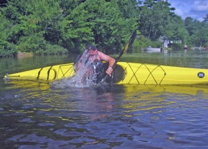 PopUp 1,2: The critical moment! If you did everything right, your hips will snap that boat upright beneath you and you’ll be ready to paddle away. Or, you can do what I do and not quite make it . . .