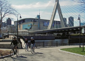 Times have changed. Paul Revere did it at night in a boat with muffled oars, rowed by two fellow Patriots. We pedaled across in broad daylight on the Charles River Dam in the shadow of the Zakim Bridge.