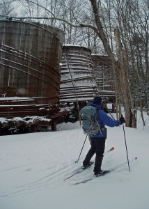 These three decrepit water towns hide in the woods along the trail. They once fed the steam trains that brought guests of a bygone era to the Mount Washington Hotel. Today’s guests arrive by car with skis on top.