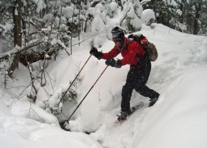 Brooks, even tiny ones can make snowshoeing interesting. Use your poles to stabilize yourself as you approach the crossing, as you step across, and as you climb up the far bank. You don’t want ti fall in forwards, backwards or sidewise . . . 