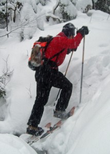 Get your weight forward when climbing a steep bank on snowshoes.