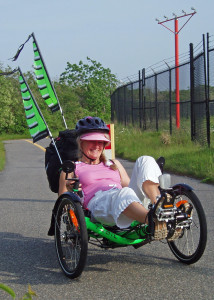 Lucinda Chandler demonstrates the safe, stable CaTrike recumbent tricyles she uses for pedaling tours of Martha’s Vineyard. This would be perfect for someone with a shoulder  (or back) injury who couldn’t ride a standard bike!