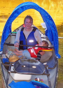 Where there’s a will, there’s a way! Kate Goodin and 10-month old Max enjoyed their river float from the shade of the makeshift “Sawyer Sampan.”