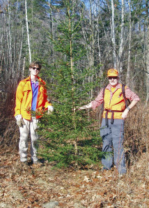 Proud hunters with their trophy. The other trees growing too-near this handsome spruce are glad it’s gone. (Photo by Marilyn Donnelly)