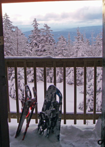 Sunrise view. When the snowstorm ended in the night, it left this idyllic winter scene to be viewed through the front door of the High Cabin on Mount Cardigan. (Tim Jones photo)