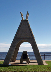 This waterfront monument in Mashteuiatsh celebrates the Native heritage of that community. The museum nearby was still closed as we pedaled through early in the morning.