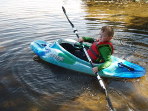 Max Goodin practicing paddle strokes in a Jackson Fun 1. Great form for a 4-year-old! (Kate Goodin/EasternSlopes.com)