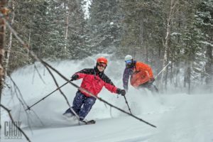 After a couple of days skiing Mont York, with the help of Alexi and the other skiers, even the author was skiing deep powder and steep tree runs with more confidence and speed, and FUN. (Benoit Bisson, CHOK Images)