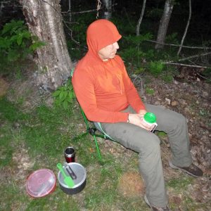 One of our favorites for sitting in camp in bug-infested areas was the Oudoor Research Echo Hoody with ISYOC treatment. Light, comfortable, and with the hood the bugs really had almost no way to get at us. (EasternSlopes.com)